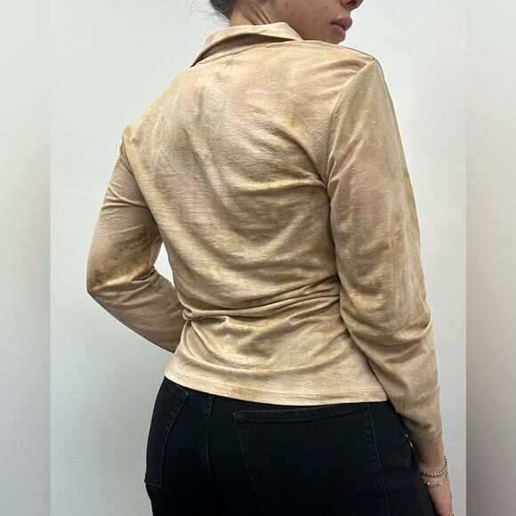 Vintage Y2K 90s Ruched Collared Polo Beige Tie Dye Long Sleeve Top Size M - Picture 4 of 8